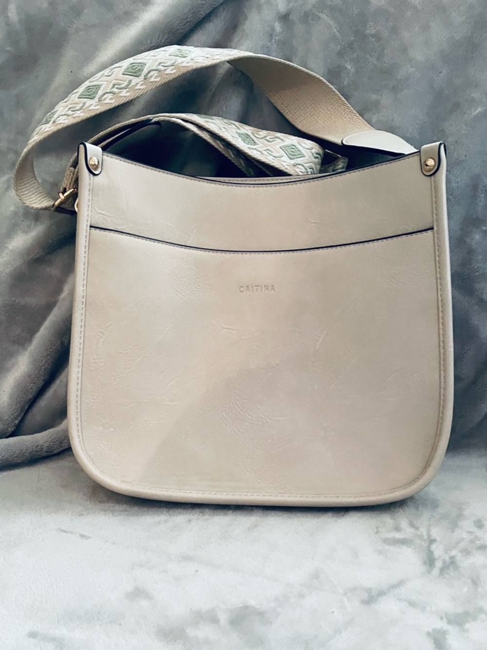 Cream Crossbody Bag with Patterned Wide Strap